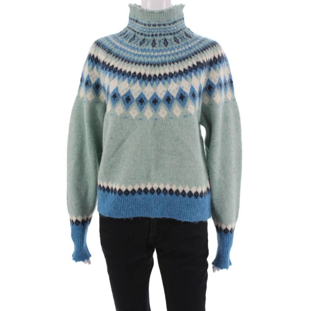 One Collective Unisex Light Blue Fair Isle Mock Neck Pullover Size XS